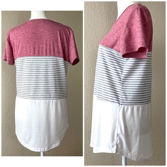 YunJey Round Neck Triple Color Block Stripe TShirt - Picture 3 of 6